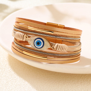 Evil Eye Rhinestone Leather Bracelet Women's Fashion Charm Jewelry Brown Beige <b>Pink</b> Gift Bracelet - Product Image 1