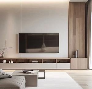 Meuble TV flottant moderne en bois personnalisable avec étagères ouvertes pour appareils intelligents et articles de décoration de salon - Product Image 4