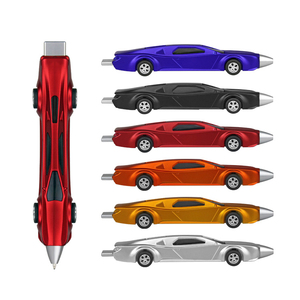 Stylo bille en plastique personnalisé en forme de voiture de course avec roues pivotantes, stylo fantaisie en forme de véhicule avec revêtement métallique - Product Image 2