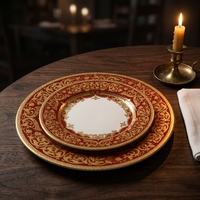 Ensemble de vaisselle de luxe en porcelaine fine allemande, 3 pièces, couleur rouge, bord doré, pour les fêtes et les mariages