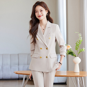 Women's Navy Blue Suit Set Double Breasted Anti-Wrinkle Solid Color Professional Work Wear - Product Image 3