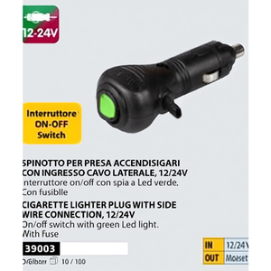 Prise allume-cigare avec connexion latérale par câble, interrupteur marche/arrêt 12/24V, voyant LED vert, fusible inclus - Product Image 2
