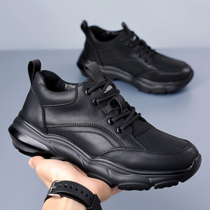 Chaussures en cuir décontractées pour hommes, automne, noires, semelle épaisse, lacets, baskets robustes, pour le loisir - Product Image 3