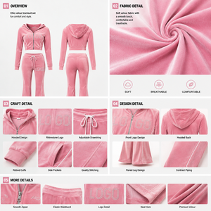 Ensemble de vêtements pour femmes Y2K personnalisé, sweat à capuche court zippé en velours avec logo en strass, pantalon évasé, ensemble de survêtement deux pièces, vente en gros - Product Image 3