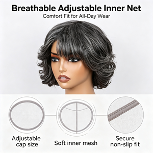 Perruques courtes bouclées en cheveux humains, mélange naturel gris foncé et clair, gris grand-mère, pour femmes matures, usage quotidien, perruque en cheveux naturels - Product Image 4