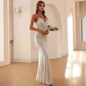 Evening Dress <b>Sequined</b> Deep V-Neck Mermaid Long <b>Skirt</b> With Slit Sheer Layer Natural Waistline - Product Image 3