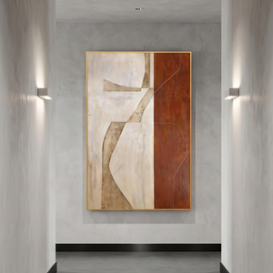 Tableau abstrait vertical peint main cadre aluminium, déco murale géométrique terre cuite pour entrée - Product Image 1