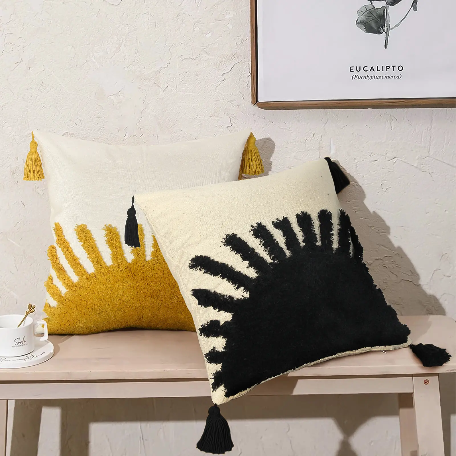 Housse de coussin jaune tissée avec pompon, taie d'oreiller moderne Style nordique, pour salon, décoration de canapé