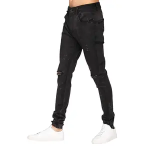 Benutzerdefinierte Säure Waschen Black Ripped Jeans Hosen Männer