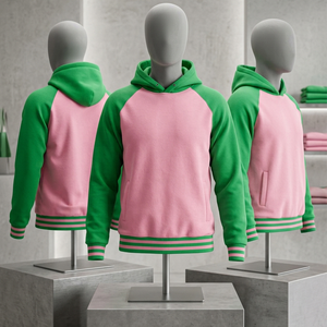 Sorority <b>Pink</b> Green Raglan Sleeve Hooded Fleece <b>Sweatshirt</b> Color Blocking Casual Regular Fit Autumn Wear - Product Image 1