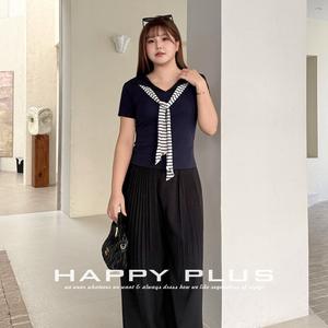 Top de Punto con Rayas Blancas y Azul Marino Happy Plus, Manga Corta, para Mujer, Talla Grande, Informal, Color Sólido, Efecto Dos Piezas, N9530 - Product Image 3