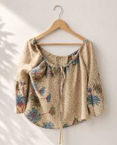Vintage Floral Silk Bell Sleeve <b>off</b> <b>Shoulder</b> Crop <b>Top</b> <b>with</b> Adjustable Drawstring Neck and <b>Ruffles</b> - Product Image 1