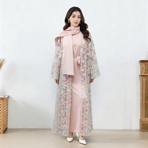 कस्टम पुष्प कढ़ाई खुला बाया सेट दुबाई कार्डिगन मुस्लिम महिलाओं लक्जरी थोक इस्लमिक फीता फूल - Product Image 3