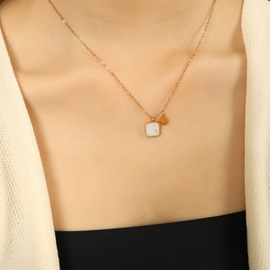 Collier pendentif à la mode, coquille blanche, chaîne dorée, motif carré, fleur, visage souriant, pour femmes, bijoux cadeau - Product Image 4