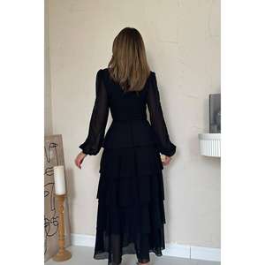 ชุดราตรีผ้าชีฟองสีดำหรูหรา ทรงเอไลน์ ชั้นซ้อนโปร่ง เอวธรรมชาติ แขนยาว - Product Image 1