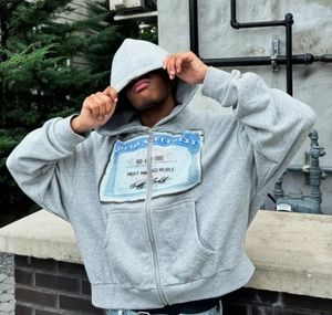 เสื้อฮู้ดผู้ชายโอเวอร์ไซส์แบบมีซิปรูดซิปขึ้นมีฮู้ด100% ผ้าฝ้ายปักลายกราฟิกคร็อป - Product Image 2