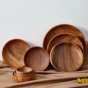 Plates Wholesale Customized Handmade Dessert Solid Black Wooden Dishes Acacia Wood Round Dinner Charger Plates