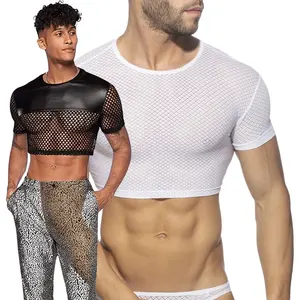 Mens Funny T Shirts Leather Crop Top Sexy Fishnet Club Attire Transparent Mesh Muscle Tee See Through Undershirt Tank Tops
