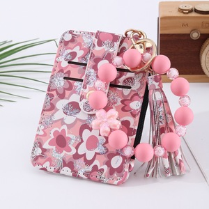 2026 Stock Floral Card <strong>Bag</strong> Silicone Beads Keychain Pu Leather Car <strong>Key</strong> Holder Wallet Keychain Bracelet Wristlet <strong>Key</strong> <strong>Ring</strong> Card <strong>Bag</strong> - Product Image 2