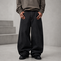 Pantalon en jean noir personnalisé pour homme, délavé aux enzymes, effet usé, avec rivets et poches cargo, coupe baggy, fabrication usine