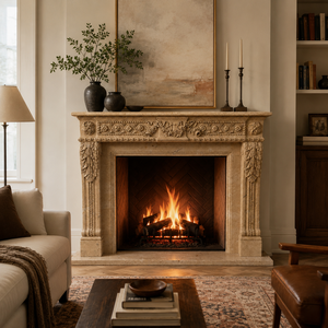 Traditional Marble <b>Fireplace</b> Mantel With Ornate Carving Galala Beige Stone Indoor Wood Burning Hearth For Living Room - Product Image 5