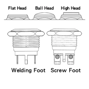 19-مفتاح زر دفع معدني مع قدم لولبية لحام بدون إعادة ضبط ذاتية مؤقتة عالية/مسطحة/رأس كروي 1NO مفتاح الركض
