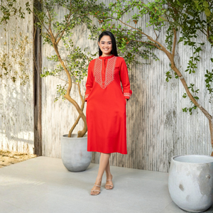 Wholesale Rate <b>Chinese</b> Collar Embroidered Cotton Midi <b>Dress</b> <b>Red</b> Elegant for Women - Product Image 4