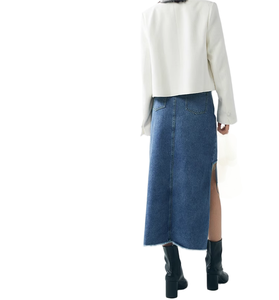 Taille haute Midi Cocoon Denim surjupe décontracté droite neige lavé jupe avec avant découpé été mode Style solide - Product Image 3