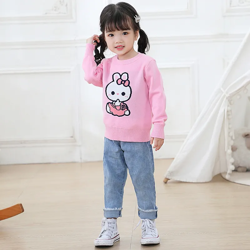 Suéter de manga longa com estampa de coelho, pulôver infantil fofo pastel para meninas, de gola redonda com estampa de coelho