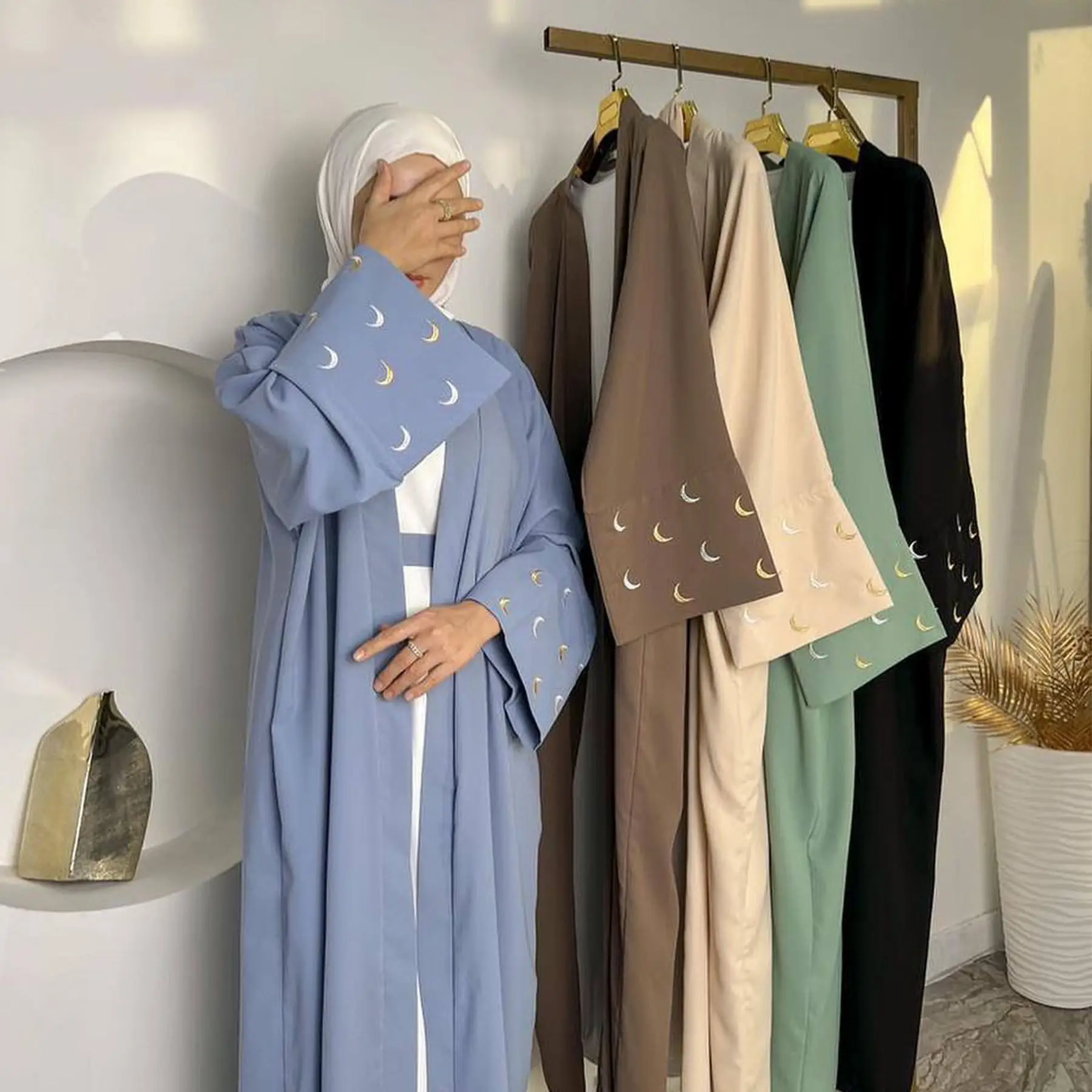 लिमनिंग के नए डिजाइन दुबई निदा अबाया फैब्रिक किमोनो कार्डिगन मुस्लिम महिलाओं के कपड़े चंद्रमा कढ़ाई ईआईडी इस्लामी कपड़े