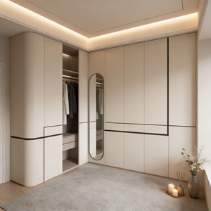 Armario Vestidor Minimalista de Esquina en Color Crema con Detalles Metálicos, Armario Vestidor Pequeño para Proyectos de Muebles para el Hogar - Product Image 1