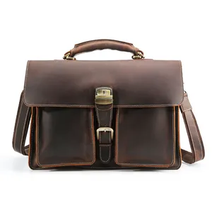 Tiding 2023 New Fashion Brown Thick Genuine Crazy Horse Leather Office Briefcase Messenger Bag Male 16 inch Laptop Portfolio
