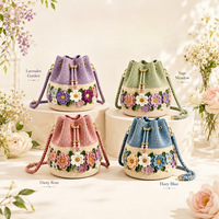 Tas Selempang Terbaru Bloom Garden Crochet Flower Woven Floral Bucket Bag-Polyester dengan Tali Serut dan Tali Tunggal