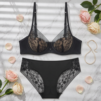 Set Pakaian Dalam Wanita Berenda Bunga Hitam, Bra Berkawat Nyaman dan Set Celana Dalam Pinggang Sedang 2 Potong, Set Lingerie Elegan Ukuran Besar