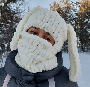 Masque de neige intégral S9485 rose, bonnet balaclava avec oreilles de lapin, bonnet en tricot épais en chenille pour femmes - Product Image 4