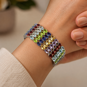 925 Sterling Silver Rhodium Multi <b>Gemstone</b> Wide <b>Bracelet</b> with Amethyst Blue Topaz Peridot Iolite Citrine and Garnet - Product Image 1