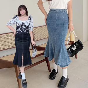 Falda vaquera de talla grande para mujer, cintura alta, elástica, con abertura de cola de pez, color liso, estilo trompeta sirena N8313 - Product Image 1