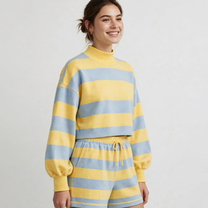 <b>Women's</b> Yellow <b>Blue</b> Striped Knitted Turtleneck Sweatshirt and <b>Shorts</b> 2 Piece Set - Product Image 1