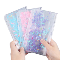 Pochette de rechargement personnalisée transparente A6 pour classeur, carnet, agenda, pochette à 6 anneaux en PVC avec paillettes et fermeture éclair pour espèces