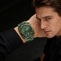 Montre à quartz pour homme avec motif marbré vert foncé, grand cadran, plastique, étanche, coffret cadeau de luxe