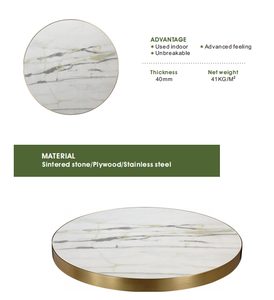 Round <b>White</b> Marble Sintered Stone <b>Table</b> Top with Stainless Steel Edge | Luxury Commercial Tabletop Wholesale - Product Image 1