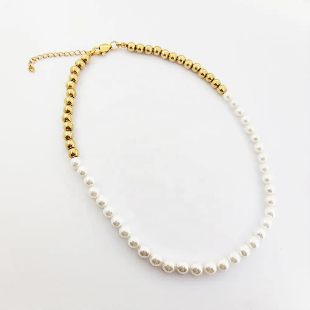 Elegant White Pearl Necklace With Beaded Ball Handmade 18k Gold Plated Stainless Steel Beads Pearl Necklace for Women Men