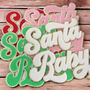 Custom Glitter Selamat Natal cerah Chenille Patch kemeja huruf Santa bayi Chenille besi pada Patch untuk kain