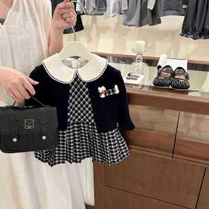 Tongxingyuan Girls Autumn Knitted <b>Cardigan</b> Plaid Dress Set Peter Pan Collar Two Piece Outfit Childrens Clothing - Product Image 1
