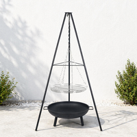 Brasero portable en acier avec support trépied et grille suspendue à chaîne pour la cuisson en extérieur