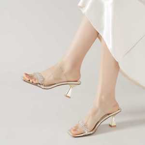 Sandales à talons carrés, bout transparent, strass, talon moyen, argentées, élégantes, chaussures de soirée - Product Image 3