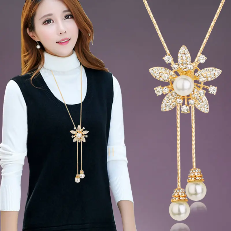 Wholesale 40 Style Long Sweater Chain Crystal Rhinestone Ballerina Girl Charm Necklace Women Tulip Sunflower Pendant Necklace