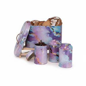 4 Pcs Round Tin Box <b>Kitchen</b> Set Dome Lid Pink and Gold Marble Texture Liquid Purple Design - Product Image 2
