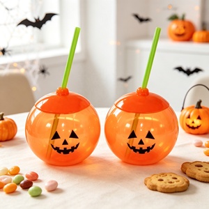 Tazón de Plástico con Forma de Calabaza para Aperitivos, 24oz 720ml, con Pajita y Tapa, Reutilizable, para Fiestas de Halloween, Eventos, con Logotipo Personalizado, Venta al Por Mayor - Product Image 1