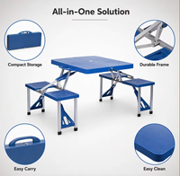Table de pique-nique pliante, ensemble de table et chaises de camping portables, table 4 places avec tabourets, structure en métal pour pique-nique en camping, bleu